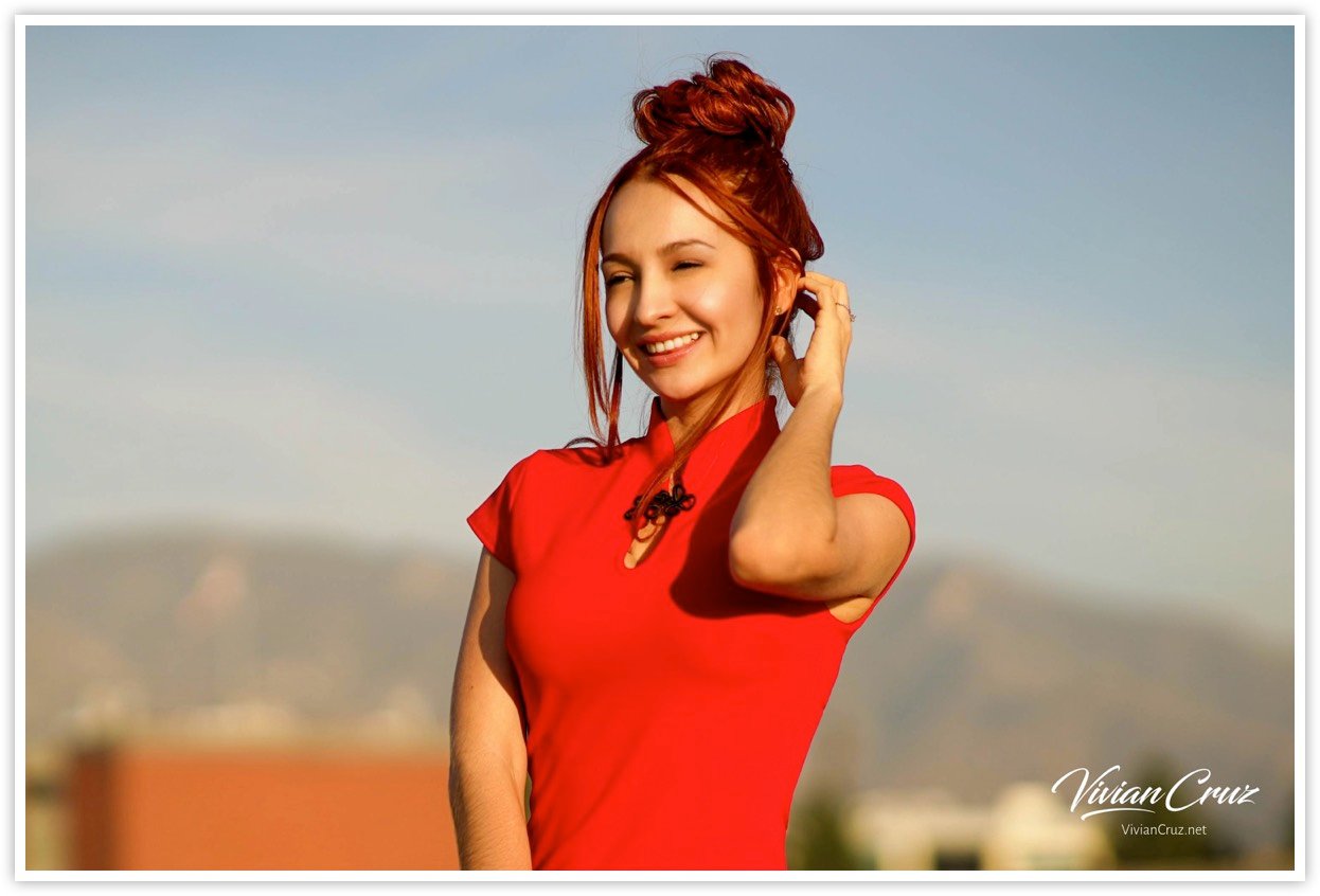 Vivian Cruz in Red Japanese Dress